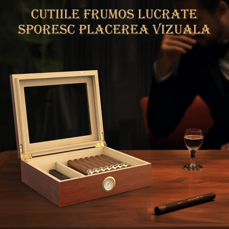 Casa si Gradina - Mobilier - Organizare si depozitare - Cutii depozitare - Humidor Trabucuri din Cedru cu Umidificator, Higrometru si Capac de Sticla pentru 20-25 Trabucuri, Maro - Infinity.ro