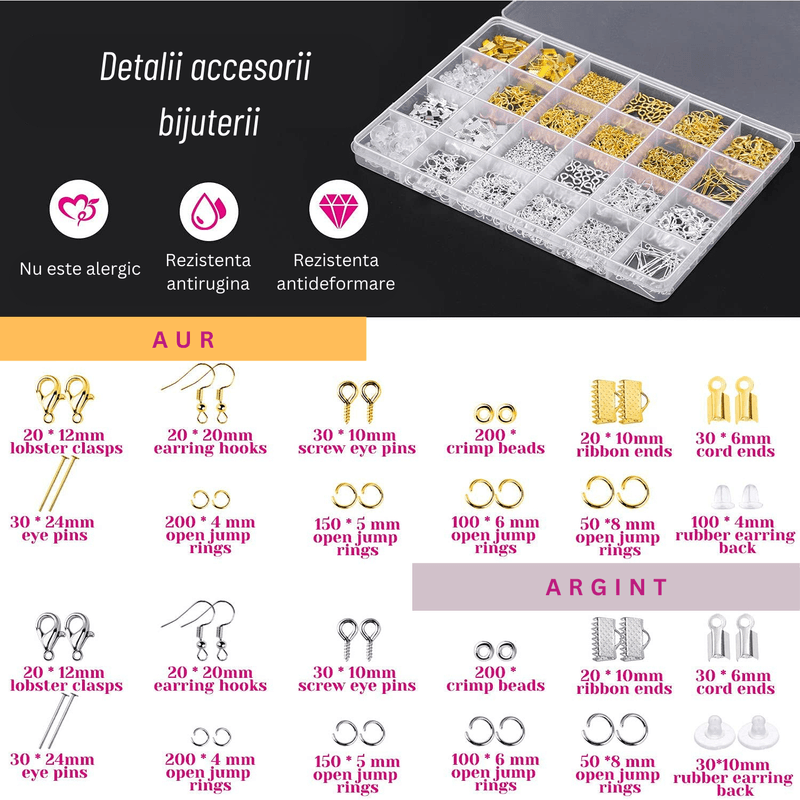 Jucarii, Copii si Bebe - Jucarii si jocuri - Jucarii & jocuri educative - Seturi de artizanat - Kit Complet Confectionare Bijuterii, Inele, Bratari, Cercei, Lupa Inclusa, 3 Clesti, 1800+ Piese - Infinity.ro