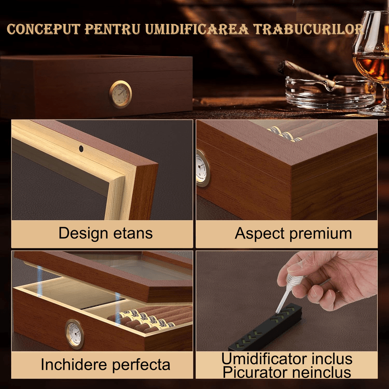 Casa si Gradina - Mobilier - Organizare si depozitare - Cutii depozitare - Humidor Trabucuri din Cedru cu Umidificator, Higrometru si Capac de Sticla pentru 20-25 Trabucuri, Maro - Infinity.ro