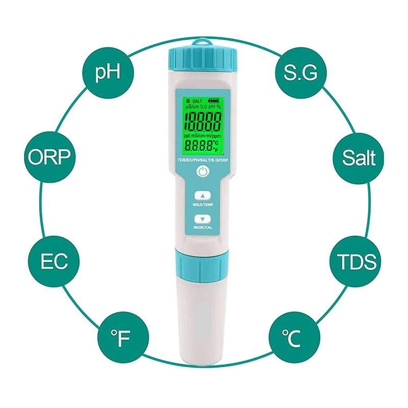 Casa si Gradina - Constructii - Scule electrice si accesorii - Aparate de masura - Tester de calitate a apei 7 in 1 (PH/TDS/EC/ORP/S.G/Salinitate/Temperatura) pentru piscine, apa potabila, gatit, acvarii - Infinity.ro