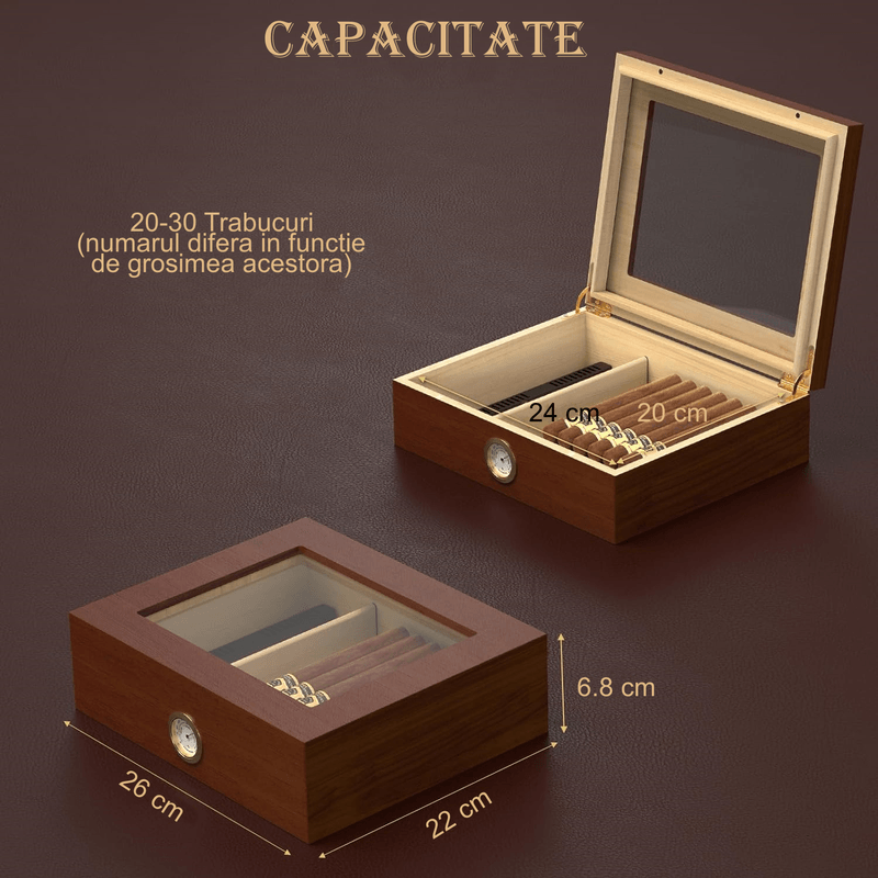 Casa si Gradina - Mobilier - Organizare si depozitare - Cutii depozitare - Humidor Trabucuri din Cedru cu Umidificator, Higrometru si Capac de Sticla pentru 20-25 Trabucuri, Maro - Infinity.ro