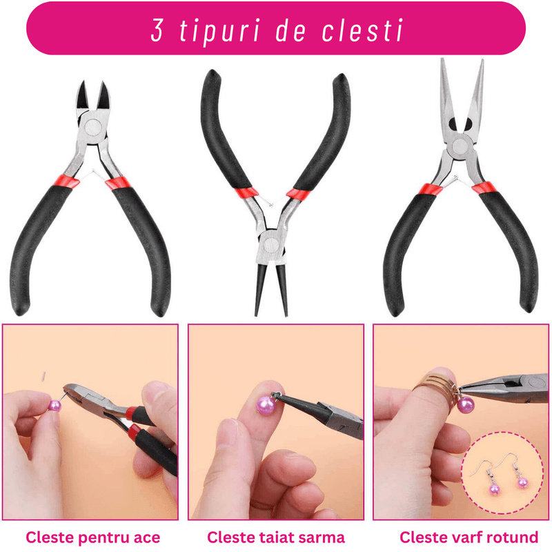 Jucarii, Copii si Bebe - Jucarii si jocuri - Jucarii & jocuri educative - Seturi de artizanat - Kit Complet Confectionare Bijuterii, Inele, Bratari, Cercei, Lupa Inclusa, 3 Clesti, 1800+ Piese - Infinity.ro