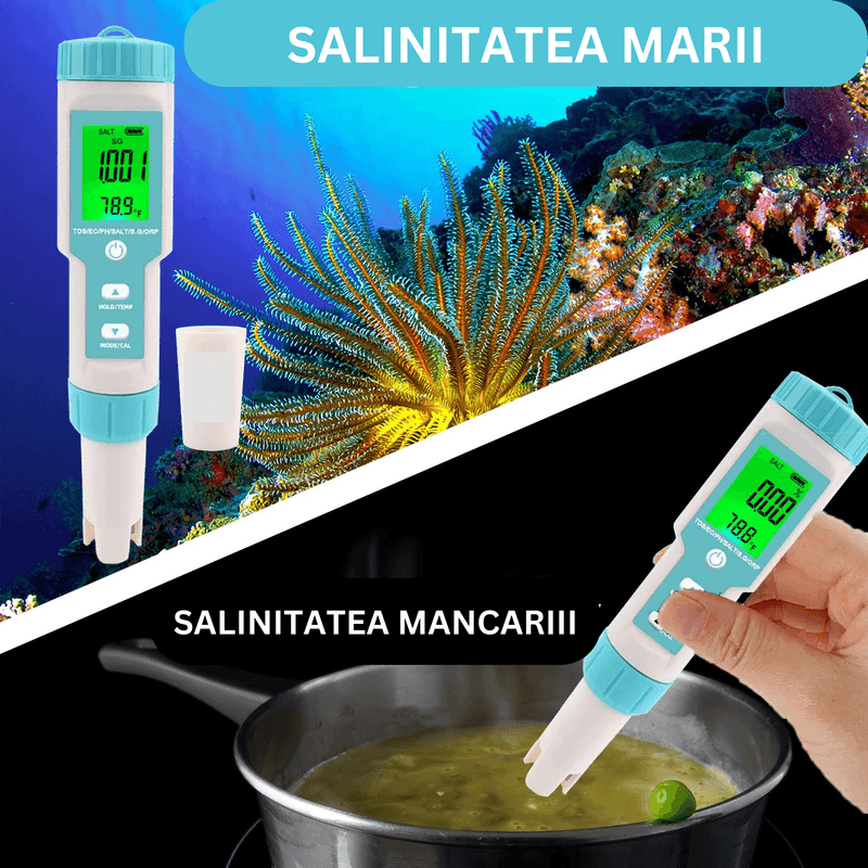 Casa si Gradina - Constructii - Scule electrice si accesorii - Aparate de masura - Tester de calitate a apei 7 in 1 (PH/TDS/EC/ORP/S.G/Salinitate/Temperatura) pentru piscine, apa potabila, gatit, acvarii - Infinity.ro