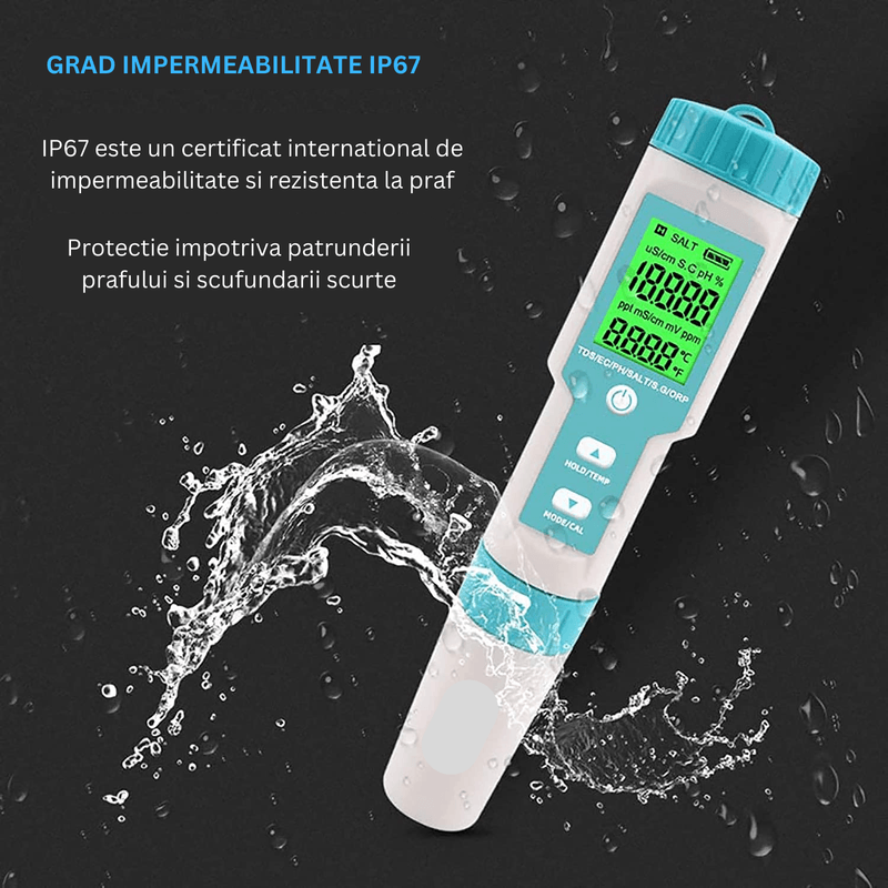 Casa si Gradina - Constructii - Scule electrice si accesorii - Aparate de masura - Tester de calitate a apei 7 in 1 (PH/TDS/EC/ORP/S.G/Salinitate/Temperatura) pentru piscine, apa potabila, gatit, acvarii - Infinity.ro