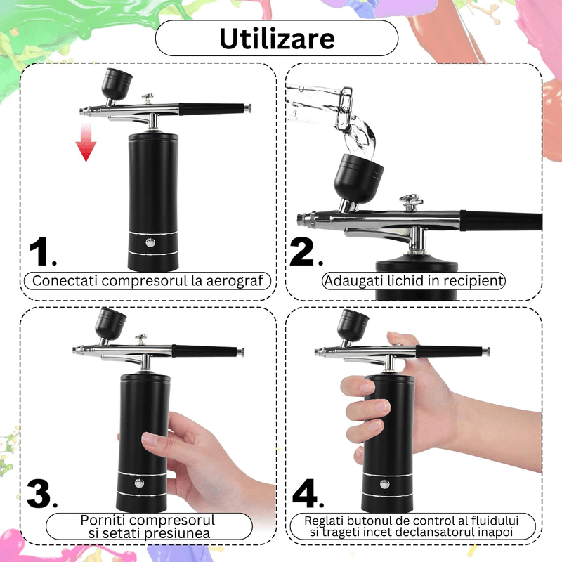 Casa si Gradina - Constructii - Vopsea si tencuieli - Pistoale si sisteme de vopsit si tencuit - Set aerograf cu compresor portabil, Airbrush, pentru manichiura, machiaj, frizerie, decorare, grafiti, tatuaje temporare - Infinity.ro