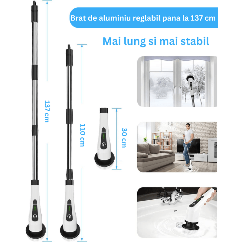 Market - Curatenie si intretinere casa - Produse menaj - Accesorii curatenie - Perie Electrica Rotativa pentru Curatare, 9 Capete, Autonomie 90 Min, 400 RPM, 2 Viteze, Maner Extensibil de 137 cm, Alb - Infinity.ro