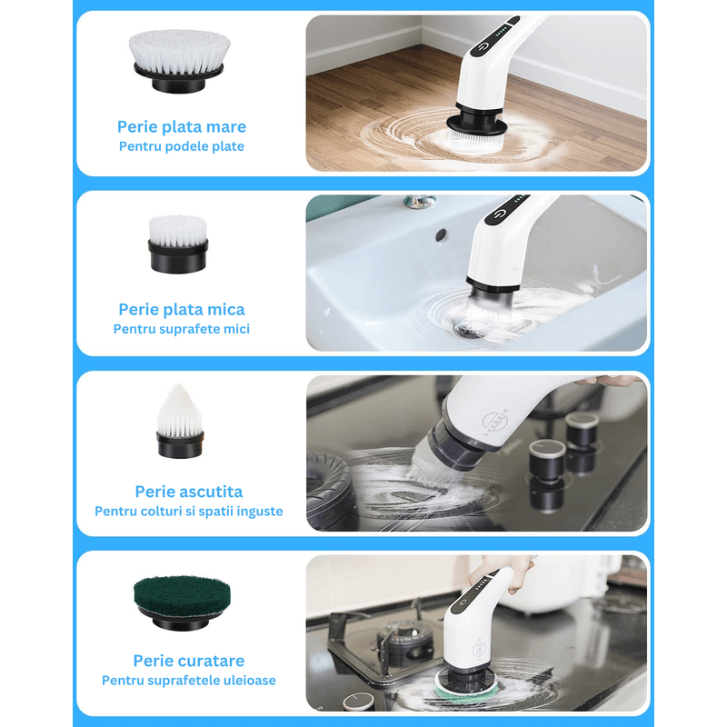 Market - Curatenie si intretinere casa - Produse menaj - Accesorii curatenie - Perie Electrica Rotativa pentru Curatare, 9 Capete, Autonomie 90 Min, 400 RPM, 2 Viteze, Maner Extensibil de 137 cm, Alb - Infinity.ro