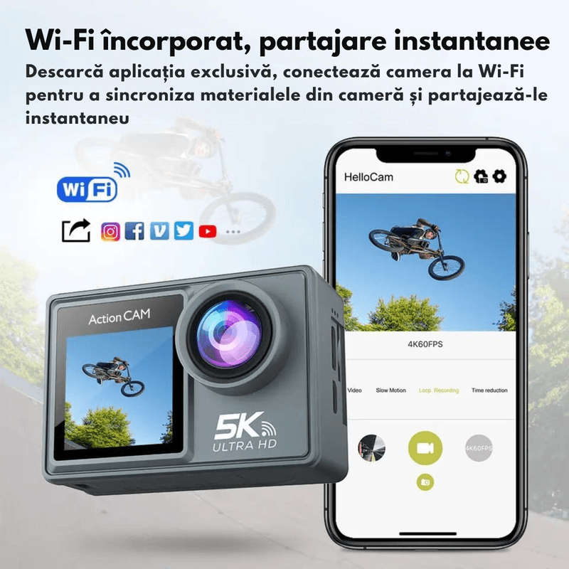 TV, Audio-Video si Foto - Camere de actiune si drone - Camere de actiune - Camera de Actiune Dasbo SmartSONY-Cam 5K Ultra HD, Foto 24 MP, 256 GB, Stabilizare imagine EIS, Microfon, Functie WiFi - Infinity.ro