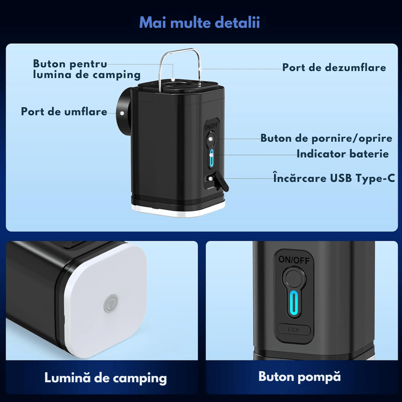 Sport si Outdoor - Ciclism - Accesorii pentru biciclete - Pompe biciclete - Pompa de aer electrica, 3 in 1,umflare/dezumflare/vidare, Baterie incorporata de 1200 mAh, Multifunctionala si Portabila - Infinity.ro