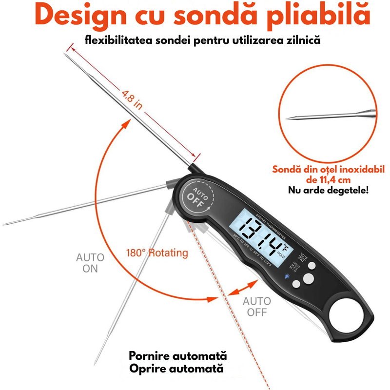 Casa si Gradina - Bucatarie si vesela - Ustensile bucatarie - Termometre bucatarie - Termometru digital pentru alimente, Dasbo®, rezistent la apa IP67, sonda pliabila din inox 11, 4 cm, afisaj LCD mare - Infinity.ro