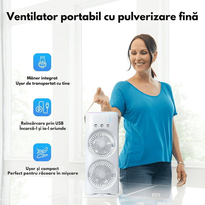 Electronice si Electrocasnice - Climatizare si sisteme de incalzire - Aparate racire aer - Ventilatoare - Mini Ventilator Portabil 2-in-1 cu Pulverizare Fina, Racitor de Aer Dasbo®, Oscilatie 90° & Rotire 180°, Umidificator - Infinity.ro
