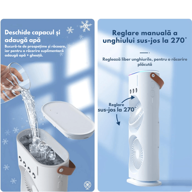 Electronice si Electrocasnice - Climatizare si sisteme de incalzire - Aparate racire aer - Ventilatoare - Mini Ventilator Portabil 2-in-1 cu Pulverizare Fina, Racitor de Aer Dasbo®, Oscilatie 90° & Rotire 180°, Umidificator - Infinity.ro