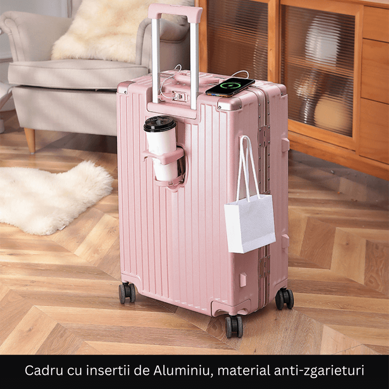 Sport si Outdoor - Articole de voiaj - Trolere - Troler de mana pentru Cabina Avion, Dasbo®, inserti din aluminiu cu suport pentru pahar si port USB incarcare,54x36x24cm - Infinity.ro