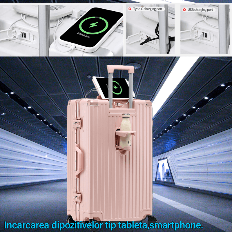 Sport si Outdoor - Articole de voiaj - Trolere - Troler de mana pentru Cabina Avion, Dasbo®, inserti din aluminiu cu suport pentru pahar si port USB incarcare,54x36x24cm - Infinity.ro