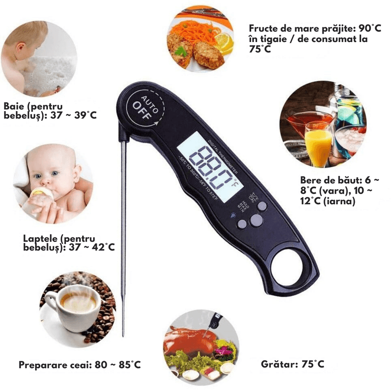 Casa si Gradina - Bucatarie si vesela - Ustensile bucatarie - Termometre bucatarie - Termometru digital pentru alimente, Dasbo®, rezistent la apa IP67, sonda pliabila din inox 11, 4 cm, afisaj LCD mare - Infinity.ro