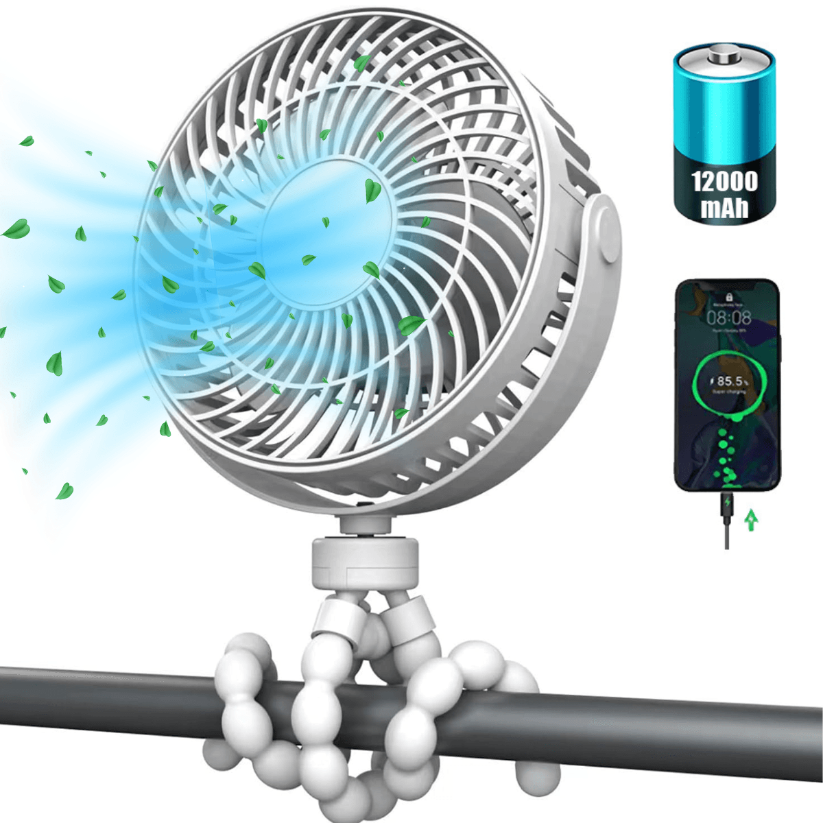 Ventilator Portabil cu Trepied Flexibil 360°, Baterie Reincarcabila 1600 mAh,Ultra-Silentios cu 3 Viteze,Mini Ventilator