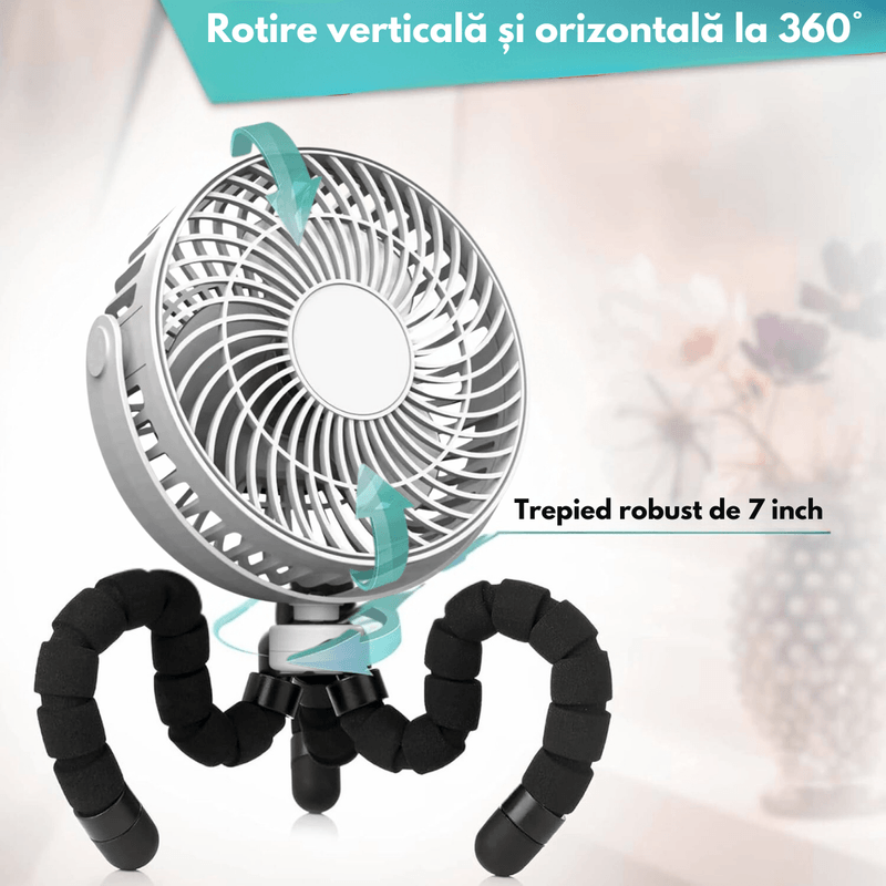 Electronice si Electrocasnice - Climatizare si sisteme de incalzire - Aparate racire aer - Ventilatoare - Ventilator Portabil cu Trepied Flexibil 360°, Baterie Reincarcabila 1600 mAh,Ultra-Silentios cu 3 Viteze,Mini Ventilator - Infinity.ro