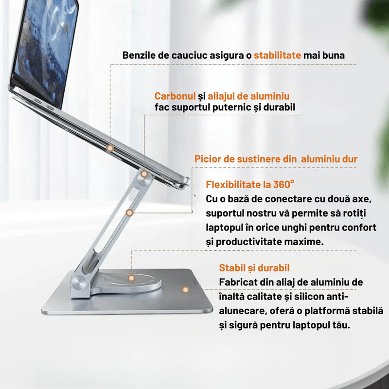 Laptop, Telefoane si Tablete - Laptopuri si accesorii - Accesorii Laptop - Standuri/Coolere notebook - Suport laptop portabil Dasbo®, Reglabil pe inaltime, Pliabil cu Baza rotativa 360°, din aluminiu, Baze antialunecare - Infinity.ro