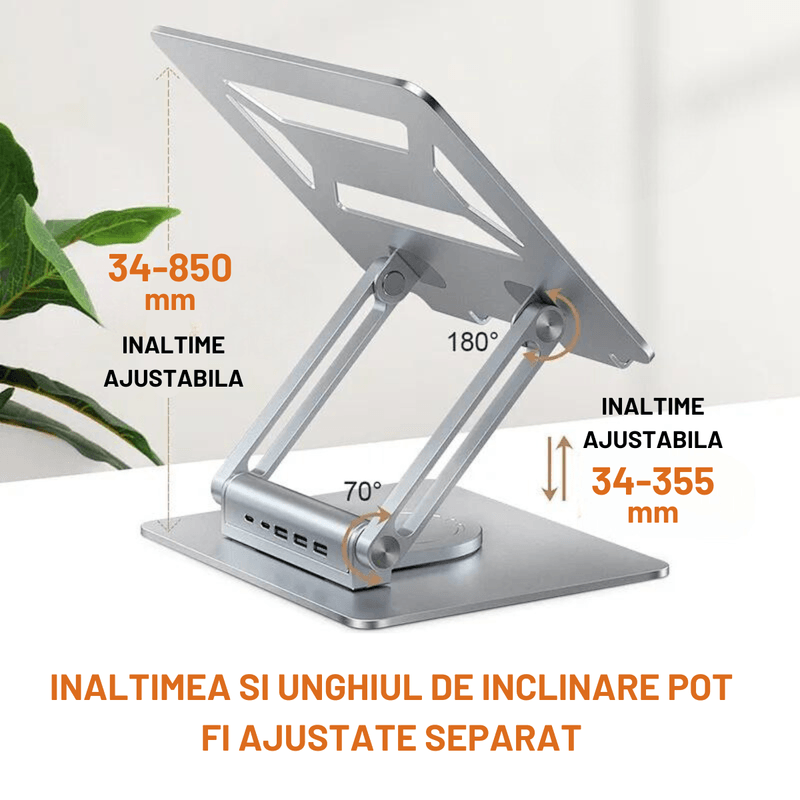 Laptop, Telefoane si Tablete - Laptopuri si accesorii - Accesorii Laptop - Standuri/Coolere notebook - Suport laptop portabil Dasbo®, Reglabil pe inaltime, Pliabil cu Baza rotativa 360°, din aluminiu, Baze antialunecare - Infinity.ro