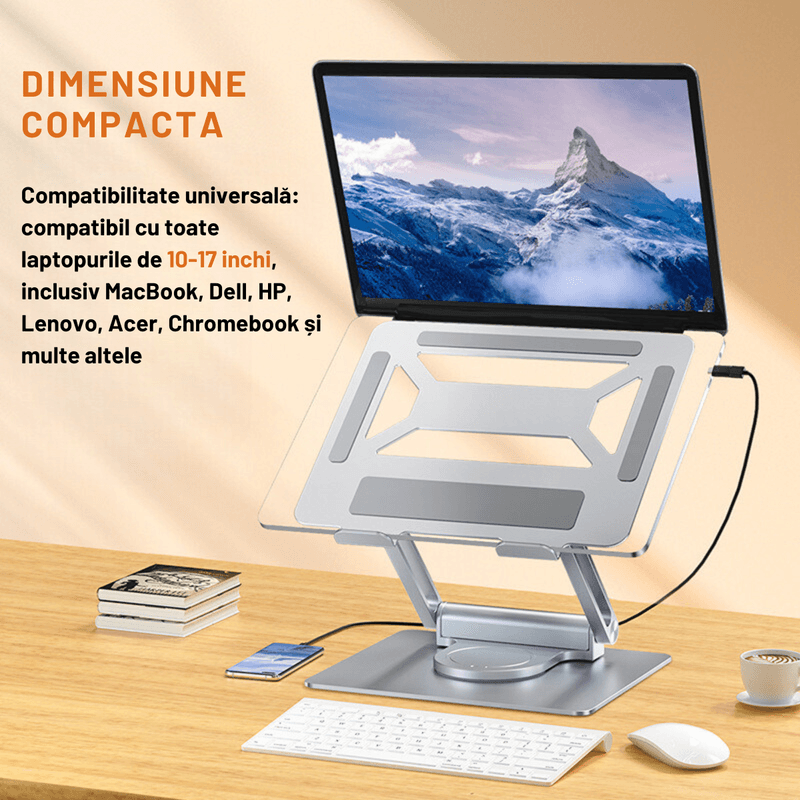 Laptop, Telefoane si Tablete - Laptopuri si accesorii - Accesorii Laptop - Standuri/Coolere notebook - Suport laptop portabil Dasbo®, Reglabil pe inaltime, Pliabil cu Baza rotativa 360°, din aluminiu, Baze antialunecare - Infinity.ro