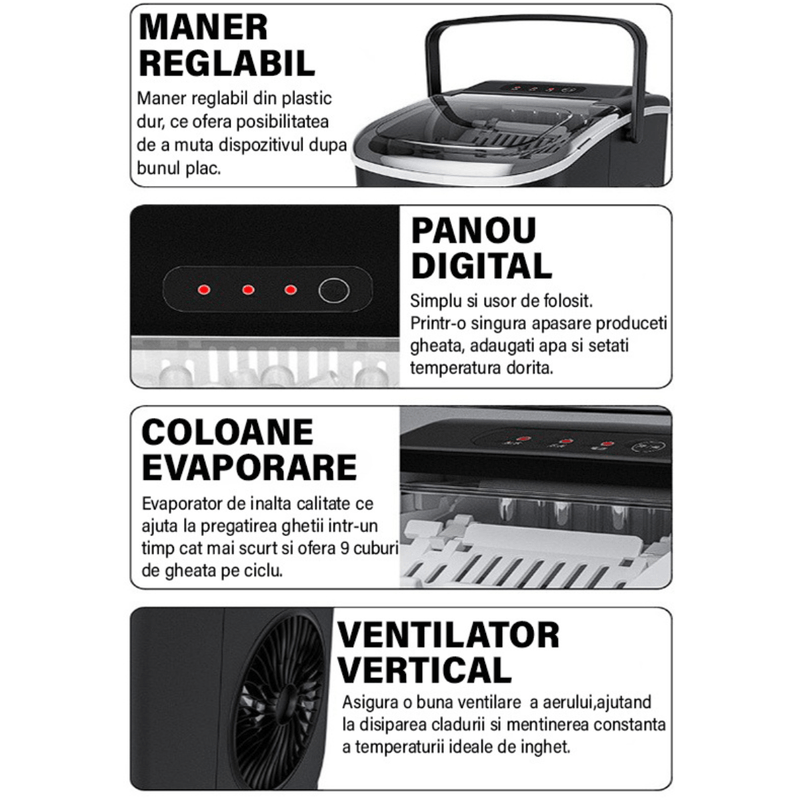 Electronice si Electrocasnice - Aparate frigorifice - Congelatoare - Masina de facut cuburi de gheata, Rezervor apa 1.3 L, Capacitate zilnica 15 kg, Portabila pentru acasa, bucatarie, birou - Infinity.ro