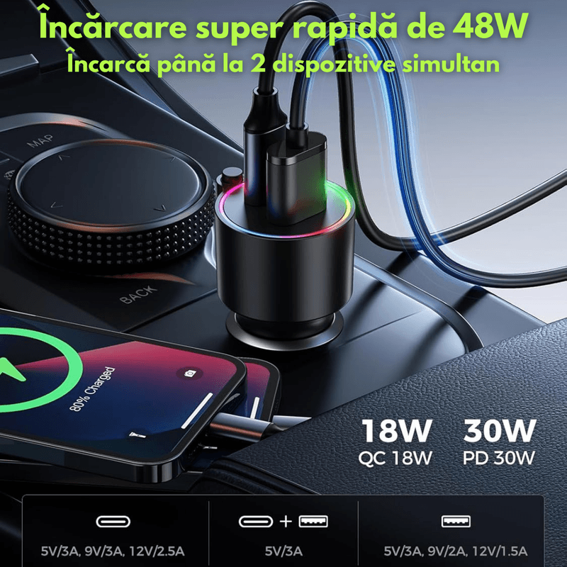 Auto si Moto - Electronice auto - Accesorii electronice auto - Modulator FM Auto Bluetooth 5.3, Transmitator Radio Dasbo®, Functie Incarcare Rapida 48W (PD 30W + QC 18W), Microfon HD - Infinity.ro