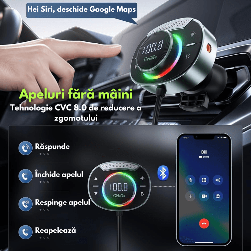 Auto si Moto - Electronice auto - Accesorii electronice auto - Modulator FM Auto Bluetooth 5.3, Transmitator Radio Dasbo®, Functie Incarcare Rapida 48W (PD 30W + QC 18W), Microfon HD - Infinity.ro