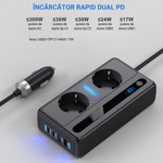 Auto si Moto - Reparatii si depanare - Invertoare auto - Invertor Tensiune Auto 12/24 V, Tensiune de iesire 220V, Putere 300W, 2 Priza EU, 2 Porturi USB QC3.0, 2 Port Type-C 30w - Infinity.ro