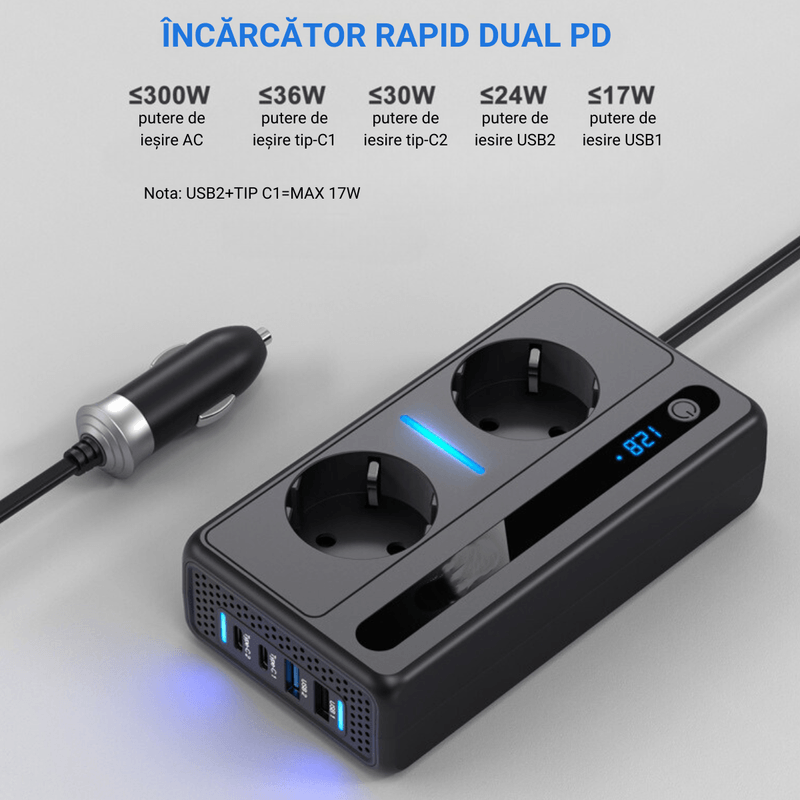 Auto si Moto - Reparatii si depanare - Invertoare auto - Invertor Tensiune Auto 12/24 V, Tensiune de iesire 220V, Putere 300W, 2 Priza EU, 2 Porturi USB QC3.0, 2 Port Type-C 30w - Infinity.ro
