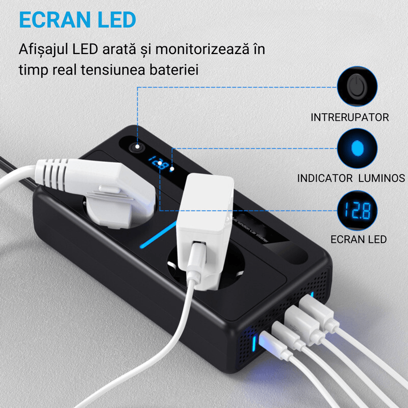Auto si Moto - Reparatii si depanare - Invertoare auto - Invertor Tensiune Auto 12/24 V, Tensiune de iesire 220V, Putere 300W, 2 Priza EU, 2 Porturi USB QC3.0, 2 Port Type-C 30w - Infinity.ro