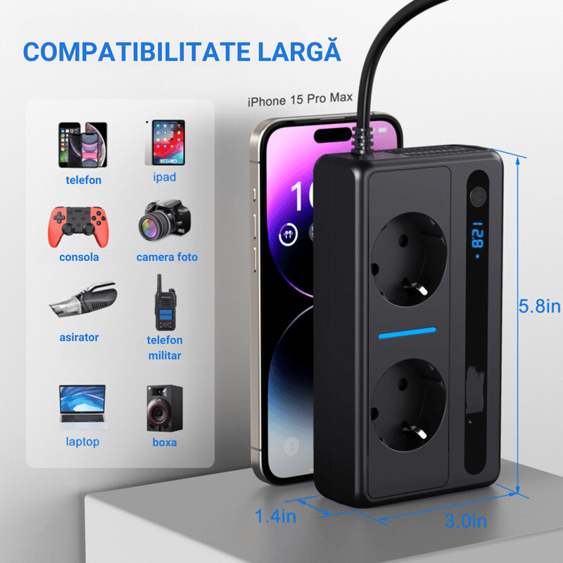 Auto si Moto - Reparatii si depanare - Invertoare auto - Invertor Tensiune Auto 12/24 V, Tensiune de iesire 220V, Putere 300W, 2 Priza EU, 2 Porturi USB QC3.0, 2 Port Type-C 30w - Infinity.ro