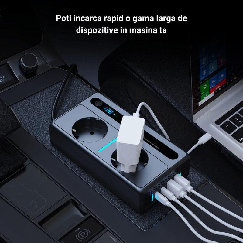 Auto si Moto - Reparatii si depanare - Invertoare auto - Invertor Tensiune Auto 12/24 V, Tensiune de iesire 220V, Putere 300W, 2 Priza EU, 2 Porturi USB QC3.0, 2 Port Type-C 30w - Infinity.ro