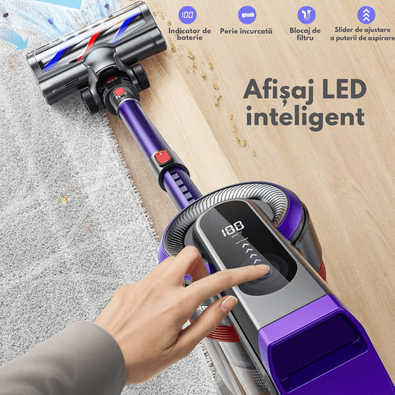 Electronice si Electrocasnice - Ingrijirea locuintei - Aspiratoare - Aspirator Vertical Fara Fir cu Acumulator, Dasbo®, 450W, Aspirare Puternica 40kPa Super Suction, 3 niveluri de putere - Infinity.ro