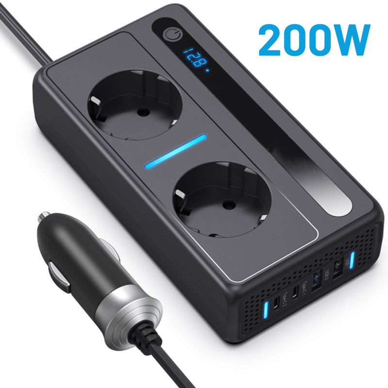 Auto si Moto - Reparatii si depanare - Invertoare auto - Invertor Auto 12/24 V, Tensiune de iesire 220V, Putere 200W, 2 Priza EU, 2 Porturi USB, 2 Port Type-C, Afisaj Digital - Infinity.ro