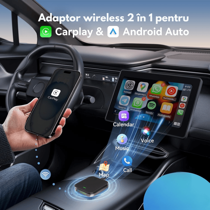 Auto si Moto - Electronice auto - Accesorii electronice auto - Adaptor Wireless CarPlay & Android Auto 2-in-1 Dasbo® Model 2026– Compatibilitate universala prin USB Android & IOS Auto - Infinity.ro