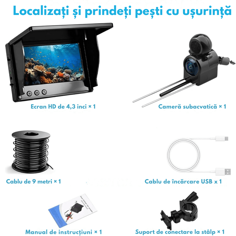 Sport si Outdoor - Sporturi acvatice - Pescuit - Echipament suplimentar pentru pescuit - Camera Subacvatica pentru Pescuit 1080P cu Ecran IPS 4.3”, Dasbo®, Unghi 220°, Viziune Nocturna IR, Baterie 5000 mAh - Infinity.ro