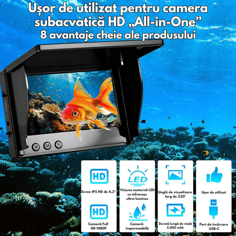 Sport si Outdoor - Sporturi acvatice - Pescuit - Echipament suplimentar pentru pescuit - Camera Subacvatica pentru Pescuit 1080P cu Ecran IPS 4.3”, Dasbo®, Unghi 220°, Viziune Nocturna IR, Baterie 5000 mAh - Infinity.ro