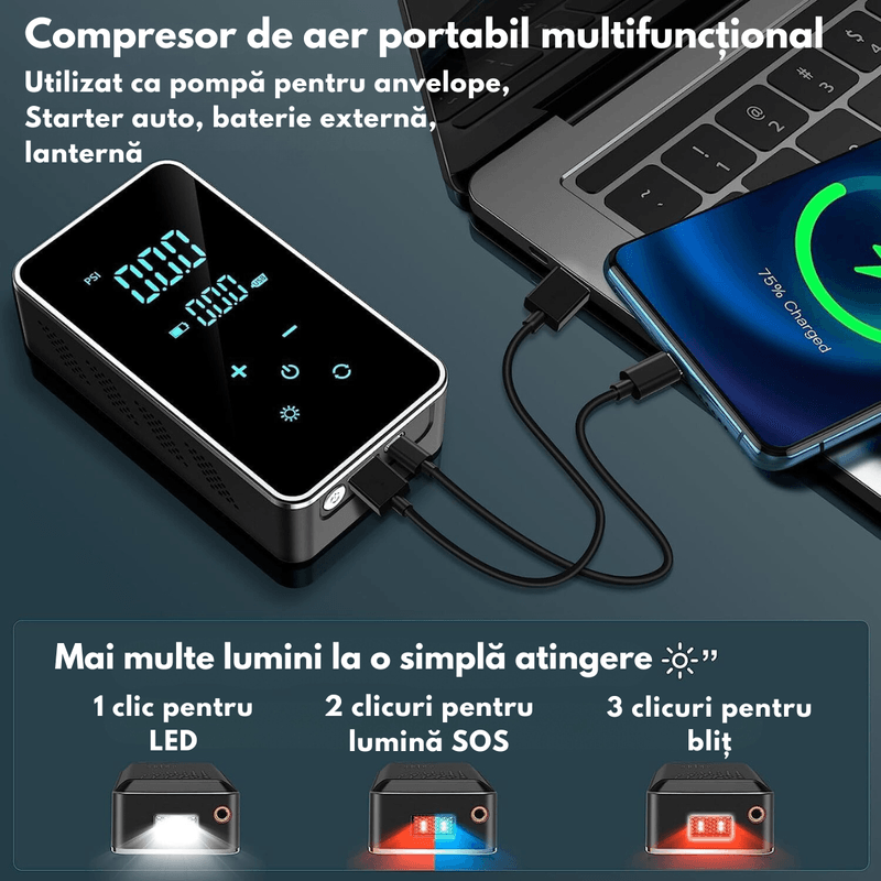 Auto si Moto - Reparatii si depanare - Redresoare - Starter auto portabil cu Compressor Multifunctional 4 in 1, Wireless cu Baterie 10000mAh,pentru motor Benzina sau Diesel - Infinity.ro