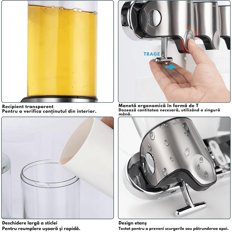 Casa si Gradina - Sanitare - Suporturi si accesorii baie - Dispensere - Dozator Triplu de Sapun, Sampon si Balsam, Instalare Fara Gaurire, Montat pe Perete – Organizator cu 3 Sticle de 450 ml - Infinity.ro