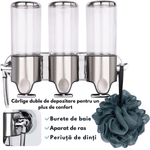 Casa si Gradina - Sanitare - Suporturi si accesorii baie - Dispensere - Dozator Triplu de Sapun, Sampon si Balsam, Instalare Fara Gaurire, Montat pe Perete – Organizator cu 3 Sticle de 450 ml - Infinity.ro