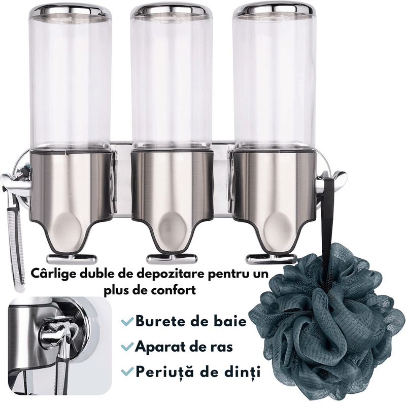 Casa si Gradina - Sanitare - Suporturi si accesorii baie - Dispensere - Dozator Triplu de Sapun, Sampon si Balsam, Instalare Fara Gaurire, Montat pe Perete – Organizator cu 3 Sticle de 450 ml - Infinity.ro