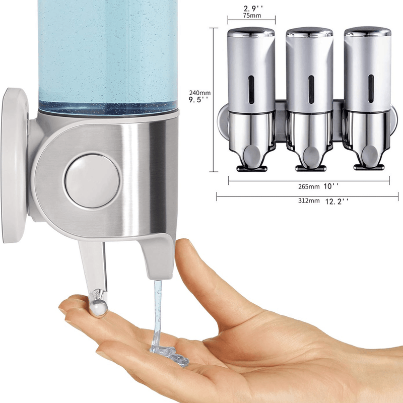Casa si Gradina - Sanitare - Suporturi si accesorii baie - Dispensere - Dozator Triplu de Sapun, Sampon si Balsam, Instalare Fara Gaurire, Montat pe Perete – Organizator cu 3 Sticle de 450 ml - Infinity.ro