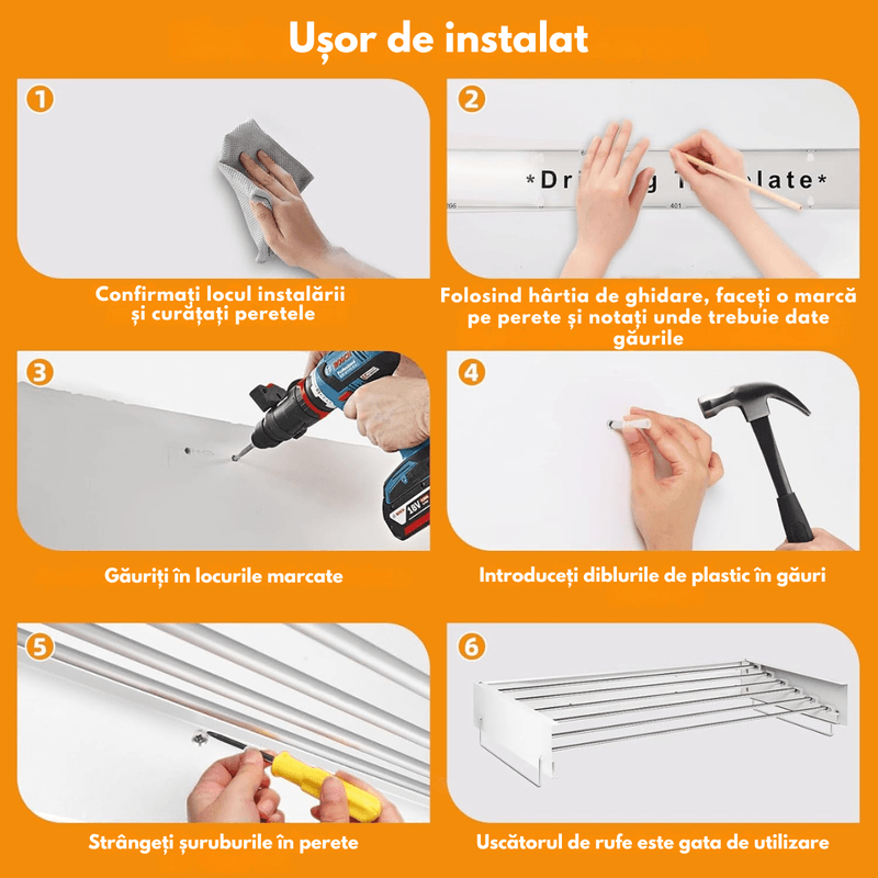 Market - Spalare si intretinere rufe - Uscatoare de rufe si accesorii - Uscator de Rufe Pliabil Montat pe Perete, Suport uscare rufe 120 cm - Dasbo®, 7 Bare, Instalare usoara, Capacitate 50kg - Infinity.ro