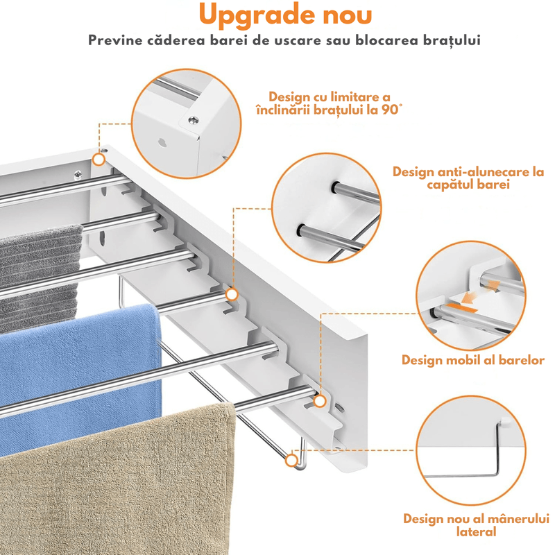 Market - Spalare si intretinere rufe - Uscatoare de rufe si accesorii - Uscator de Rufe Pliabil Montat pe Perete, Suport uscare rufe 120 cm - Dasbo®, 7 Bare, Instalare usoara, Capacitate 50kg - Infinity.ro