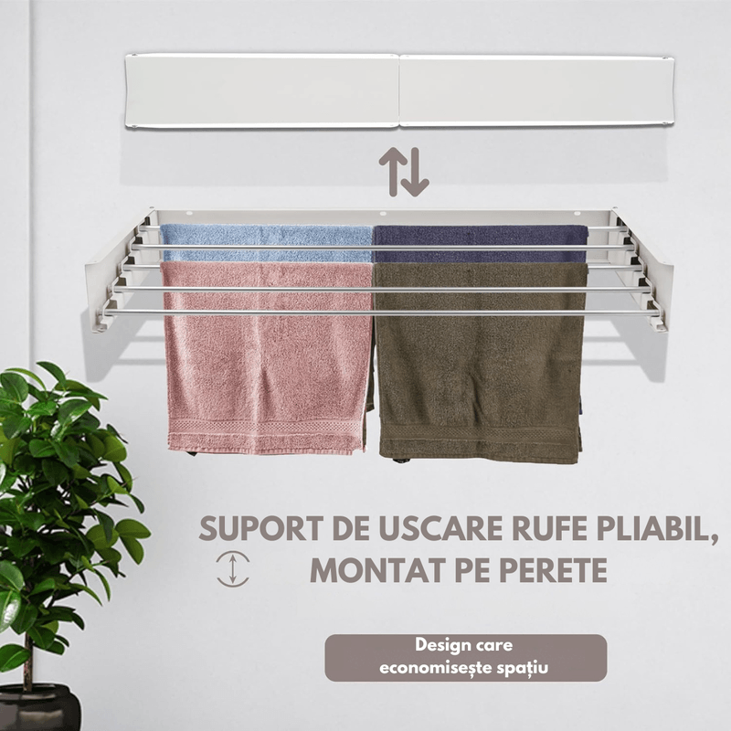 Market - Spalare si intretinere rufe - Uscatoare de rufe si accesorii - Uscator de Rufe Pliabil Montat pe Perete, Suport uscare rufe 120 cm - Dasbo®, 7 Bare, Instalare usoara, Capacitate 50kg - Infinity.ro