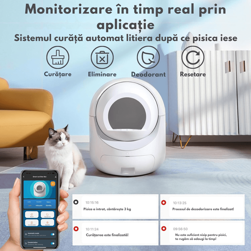 Petshop - Ingrijire si Igiena - Litiere si accesorii - Litiere acoperite - Litiera automata smart pentru pisica, Inteligenta cu functie de auto-curatare, Control prin Aplicatie,Eliminare Mirosuri - Infinity.ro