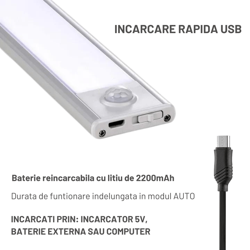 Casa si Gradina - Corpuri si surse de iluminat - Veioze si lampi - Veioze - Lampa LED SLIM Dasbo® cu senzor miscare, suport magnetic, led-uri puternice, fara fir, acumulator cu reincarcare,60 CM - Infinity.ro
