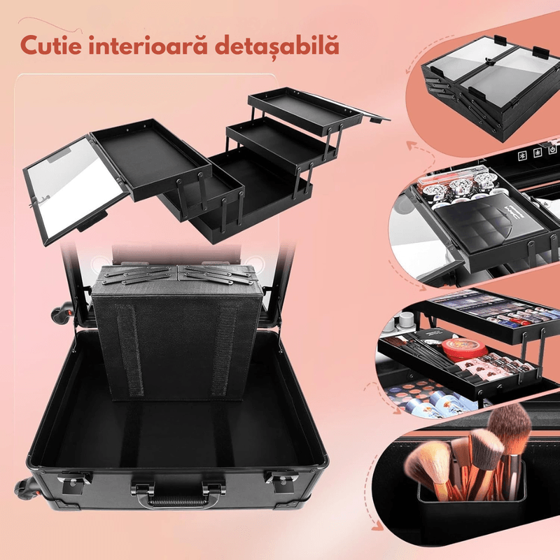 Ingrijire personala si Cosmetice - Machiaj - Portfarduri si genti cosmetice - Geanta profesionala pentru machiaj, tip Troler pentru produse de makeup, boxe Bluetooth integrate, prize si sertare - Infinity.ro