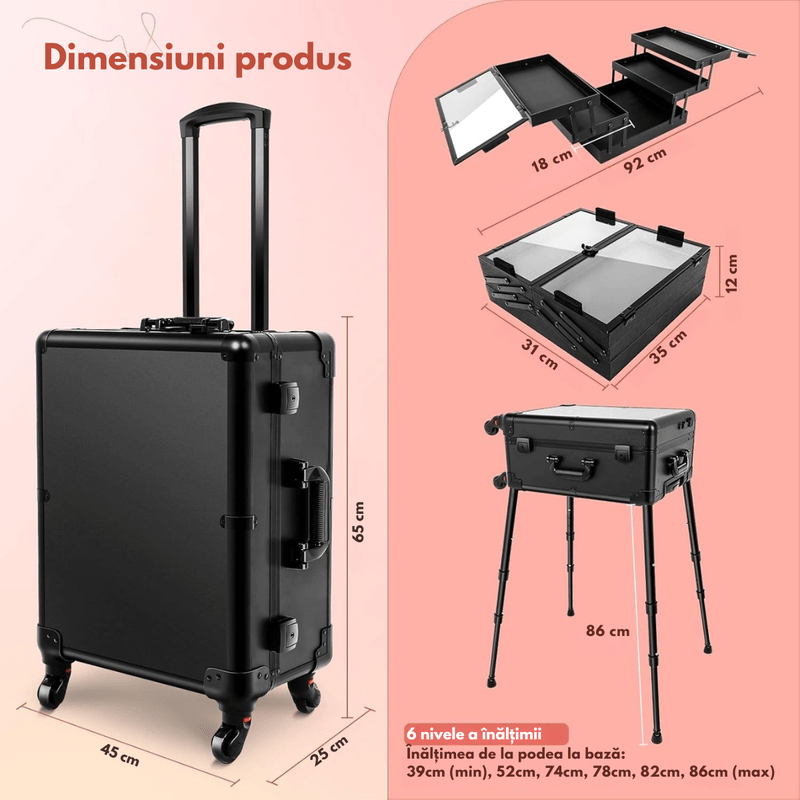 Ingrijire personala si Cosmetice - Machiaj - Portfarduri si genti cosmetice - Geanta profesionala pentru machiaj, tip Troler pentru produse de makeup, boxe Bluetooth integrate, prize si sertare - Infinity.ro