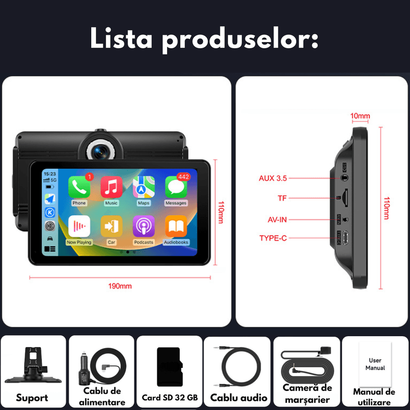 Auto si Moto - Electronice auto - Navigatii GPS - Navigatie Auto Multimedia Universarala Dasbo®, Display 7 inch cu Touch screen, Camera Inregistrare fata 2k+ spate 1080P - Infinity.ro